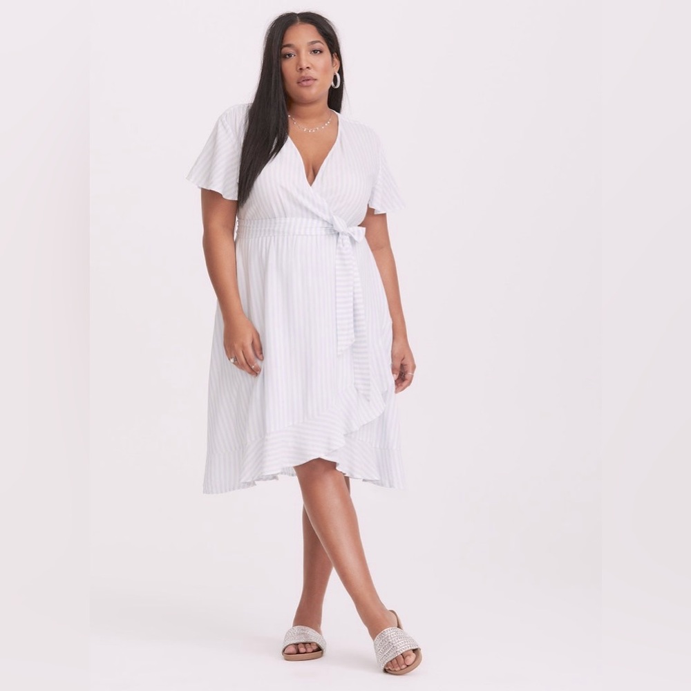 Torrid striped challis ruffle dress with tie belt
